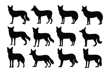 Collection of silhouetted cartoon cat poses showing various playful and relaxed body language