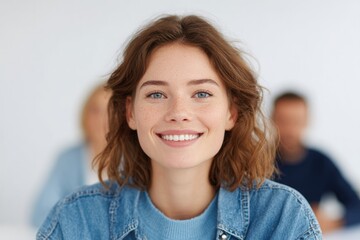 group of diverse individuals sit around minimalist white table having animated discussion with ample copy space surrounding