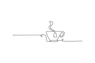 A single-line illustration of a cup of tea Steam rises A teabag is in the cup Minimalist art