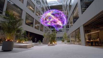 Naklejka premium Holographic brain in modern building atrium