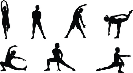 Silhouettes of diverse people, stretching exercises, fitness routine, healthy lifestyle concept, isolated vector, black white design