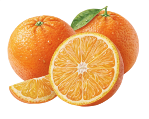 Three fresh oranges, two whole and one sliced, with water droplets and a green leaf, isolated on a white background.
