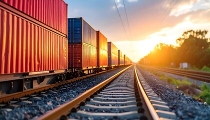 Obraz premium Freight train at sunset