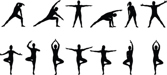 Silhouettes of people, yoga poses, stretching positions, fitness routine, wellness concept, healthy lifestyle, vector illustration