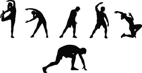 Silhouettes of stretching people, group exercise pose, fitness flexibility, workout routine, isolated vector, black white design