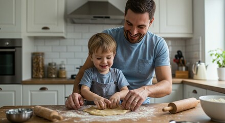 Father and Son Baking Together: A heart-warming moment of family bonding in the kitchen, making happy memories