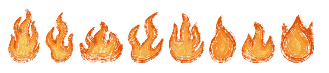 Crayon Fire. Set of hand drawn fire flames in doodle style. Doodle set on a Isolated background