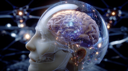 Human head with brain inside a glass dome