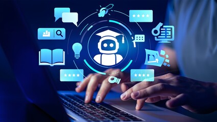 AI-powered teaching solutions. Intelligent tutoring systems and personalized learning. Man using laptop computer to learn with artificial intelligence tutor.