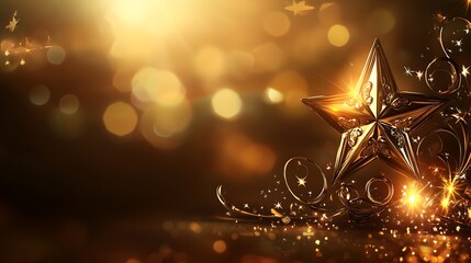 Obraz premium Golden star on a dark background with bokeh