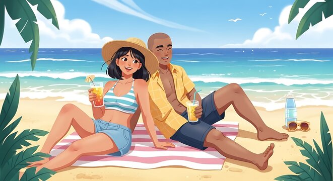 Couple relaxing on the beach with drinks. - Powered by Adobe