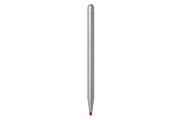 Silver stylus pen with red tip resting on clear surface, highlighting precision writing and digital design capabilities