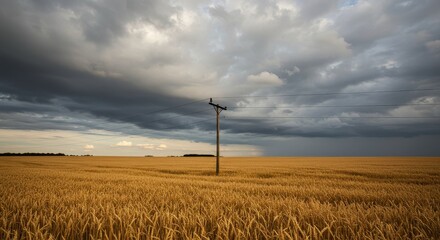 Obraz premium Powerline and wheat field create striking contrast under stormy sky