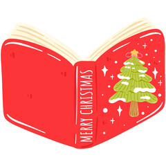 A red Christmas book with a Christmas tree on the cover.
