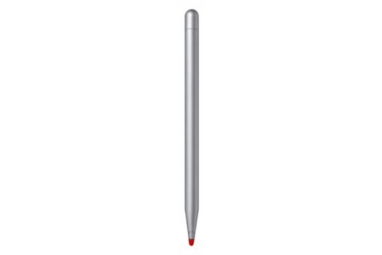 Silver stylus pen with red tip resting on clear surface, highlighting precision writing and digital design capabilities