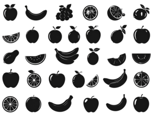 Silhouette fruit icons set: apple, banana, citrus, and more  isolated on transparent background