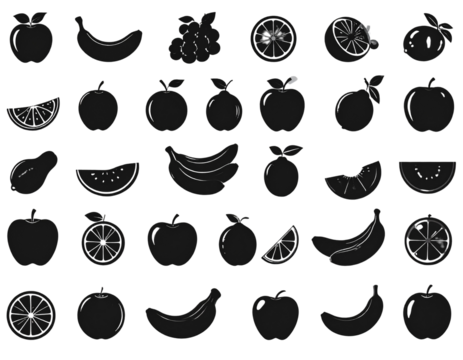 Silhouette fruit icons set: apple, banana, citrus, and more  isolated on transparent background