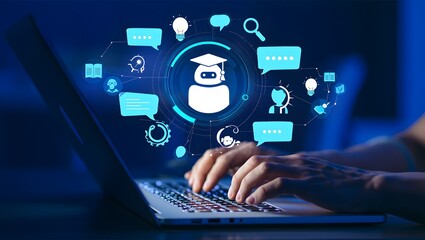 AI-powered teaching solutions. Intelligent tutoring systems and personalized learning. Man using laptop computer to learn with artificial intelligence tutor.