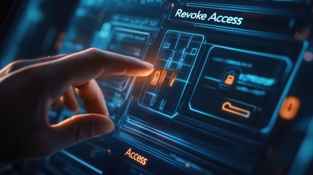 A hand interacting with a futuristic touchscreen interface to revoke access control system