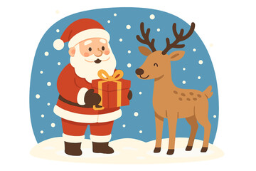 Naklejka premium Christmas background featuring Cute Santa Claus and Reindeer with gifts under city lantern on a winter night scene