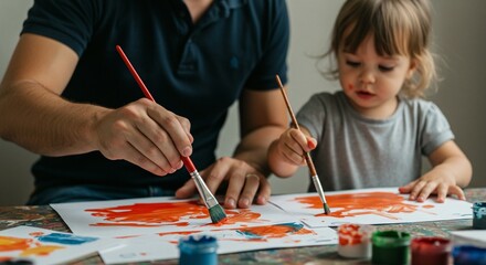 Father and daughter create art together using brushes and paints, bonding through creative expression.