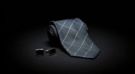 Elegant men's accessories: a neatly rolled gray tie with a subtle grid pattern, paired with cufflinks.