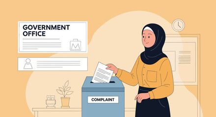 Muslim Woman Filing a Complaint Form at a Government Office Illustration