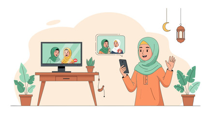 Muslim Woman Making a Video Call With Friends Using Her Mobile Phone