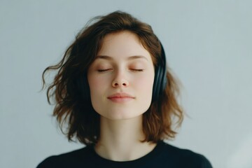 Fototapeta premium person with headphones sits serenely in airy uncluttered room illustrating simplicity of music therapy