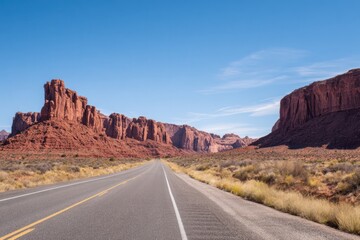 Fototapeta premium minimalistic scene capturing vast expanse of iconic american desert highway with towering red rock formations in background