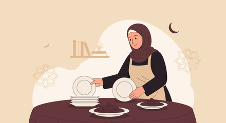 Muslim Woman Preparing Iftar Meal During Ramadan Festive Celebration