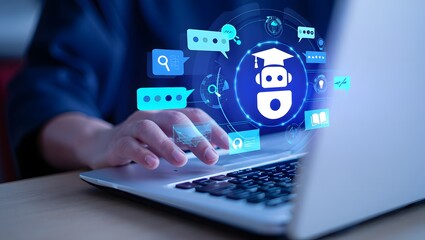 AI-powered teaching solutions. Intelligent tutoring systems and personalized learning. Man using laptop computer to learn with artificial intelligence tutor.