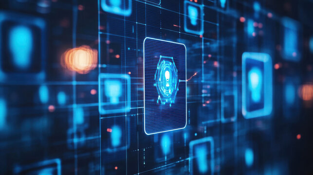 A digital network with glowing blue icons and lines representing data flow and secure access points
