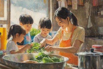 Mom washing vegetables while her children enjoy a meal together in a cozy kitchen setting, Asian mom washing vegetables while her children eating in the kitchen