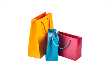 brightly colored shopping bags isolated on white background, png, ai generated.	