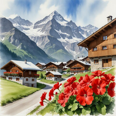 Watercolor illustration of an alpine village below the Eiger, Switzerland Wooden chalets with red geraniums nestled in a valley, with snow-covered cliffs rising behind.