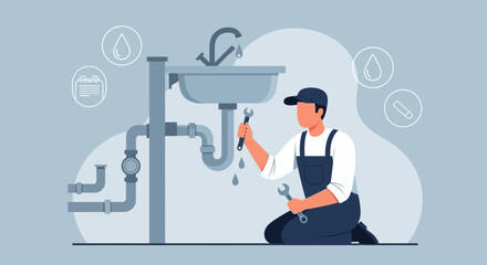 Plumber Fixing Leaky Sink With Wrenches In Hand Plumbing Illustration