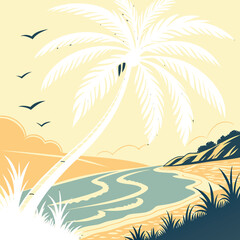 Tropical island beach with palm trees at sunrise or sunset in vector style