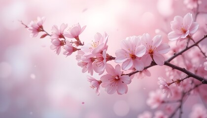Obraz premium Delicate pink cherry blossoms on a branch against a blurred background. Symbolizes spring, renewal, and natural beauty. Soft, romantic, and peaceful.