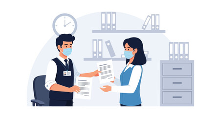 Fototapeta premium Office Employees Discussing Paperwork Wearing Masks In Workplace Environment