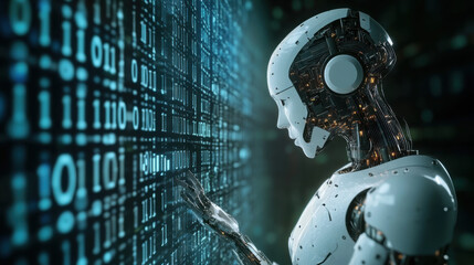 A humanoid robot interacting with a digital interface displaying binary code in a futuristic setting