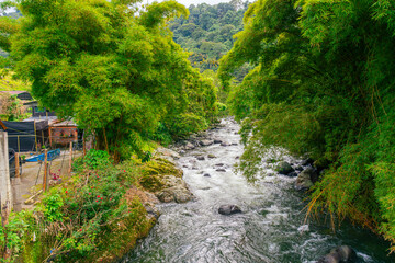 Lush Colombian river landscape with flowing water, bamboo, rocks and rustic building amid...