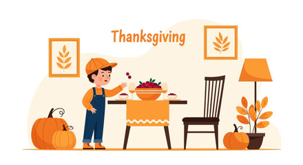 Fototapeta premium Preparing For A Thanksgiving Day Festive Decoration And A Cheerful Boy Reaching For Berries