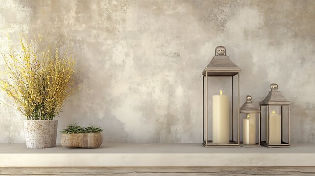 Rustic display of candles and plants