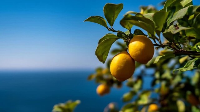 Lush lemon tree branch sways above blue ocean horizon under clear summer sky.