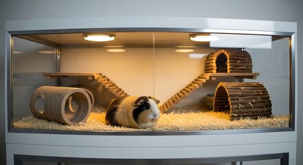 Guinea pig enclosure with wooden accessories.