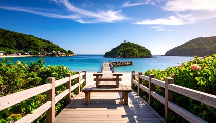 Obraz premium Wooden walkway leading to a tranquil beach