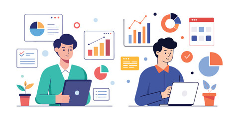 Analyst working with data charts on tablet, analyzing financial trends, business insights, digital analytics, and data visualization for corporate and technology sectors.