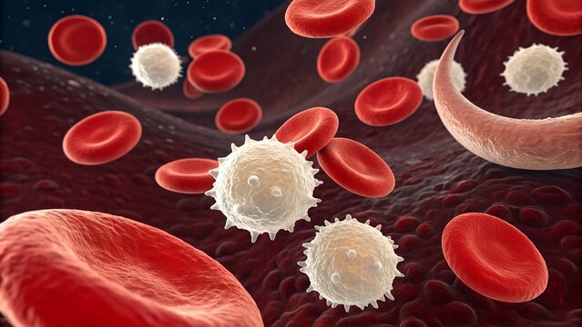 Panoramic microscope image of human blood smear showing red and white blood cells, platelets, and a rare sickle cell for comparison