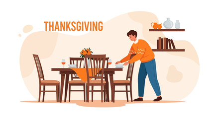 Fototapeta premium Preparing Thanksgiving Dinner Table Setting Celebration With Family And Friends